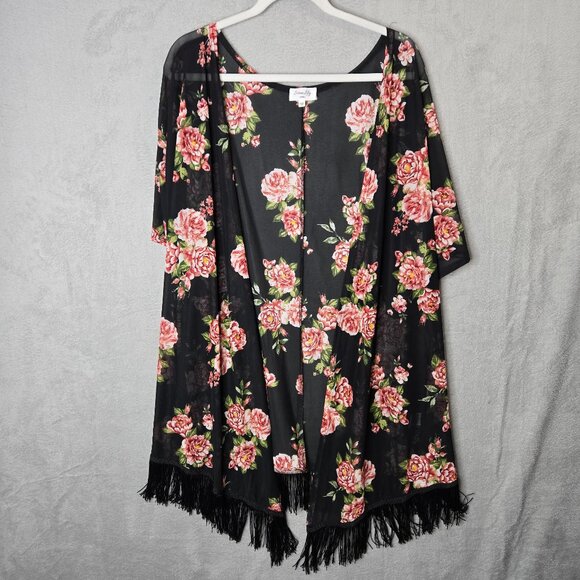 Lily Siren Other - Lily Siren Plus Size 3X Sheer Floral Kimono Duster with Fringe Black Robe